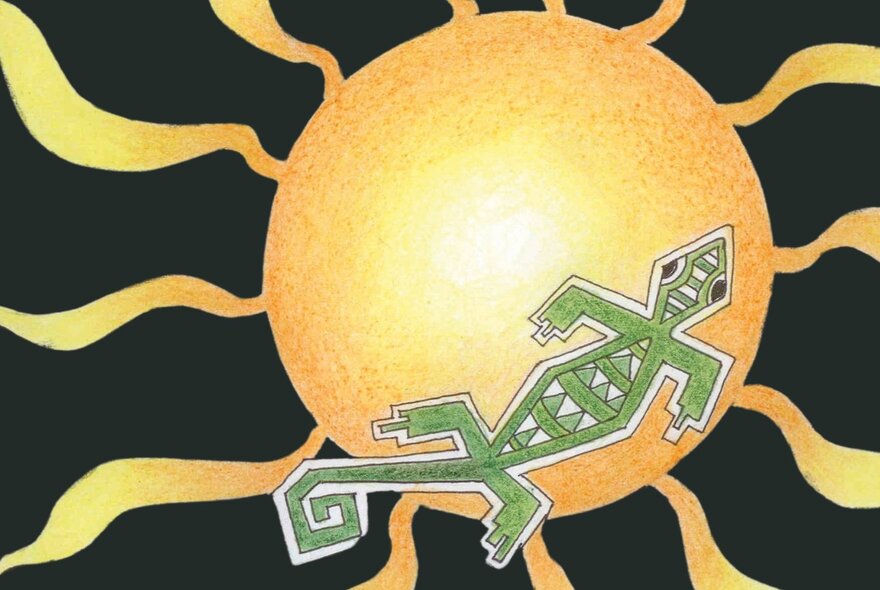 An illustration of a crocodile walking across the face of the sun. 