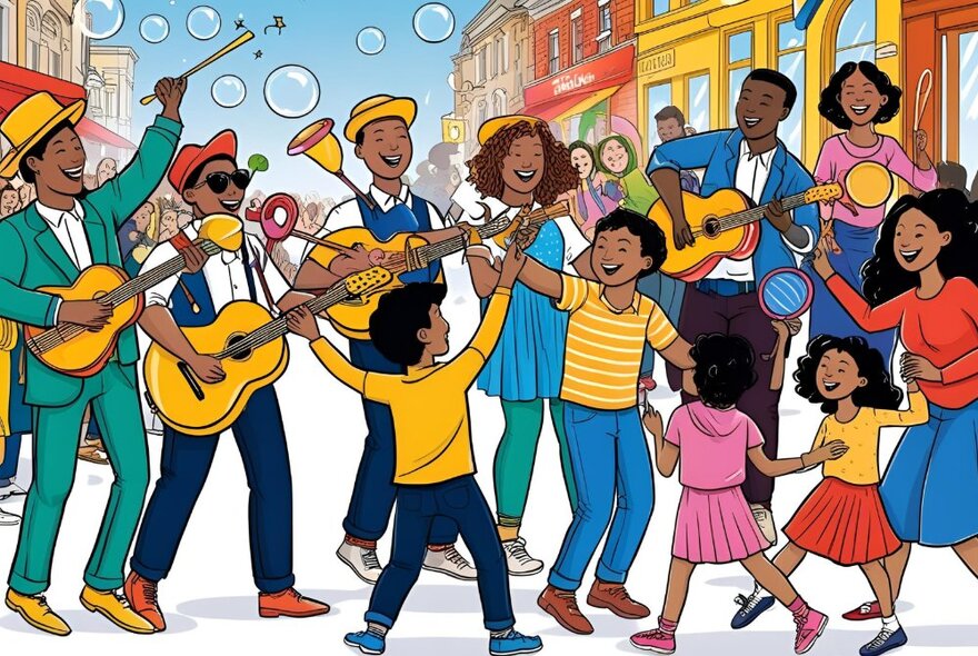 Cartoon of musicians performing in a street with children while a crowd looks on.