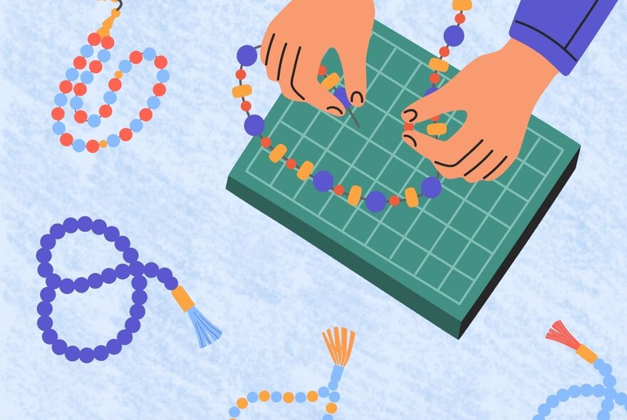 Drawing of hands making strings of worry beads with tassels.