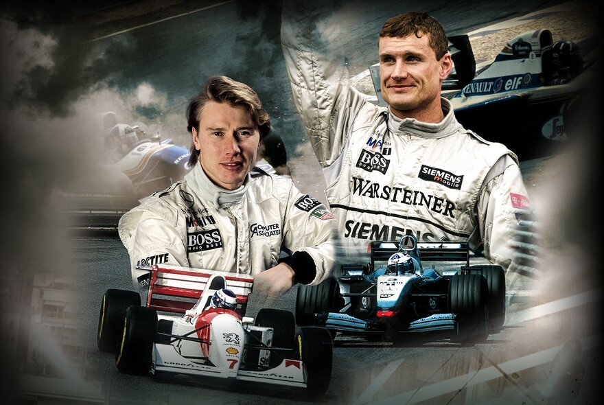 F1 racing drivers Mika Häkkinen and David Coulthard, both wearing their FI racing uniforms, with two F1 racing cars superimposed underneath them.