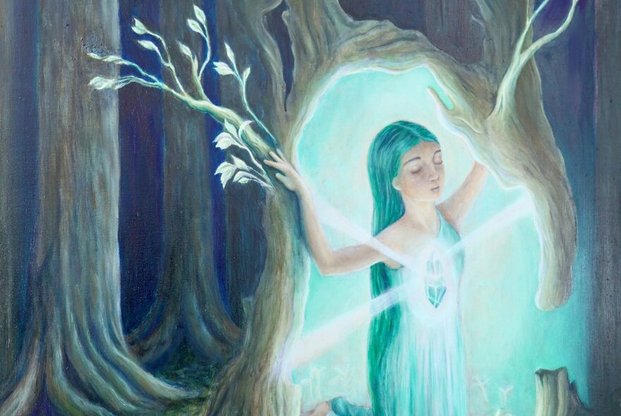 Painting of a tree nymph in a glowing alcove under a tree, a bright light shining from her heart area.