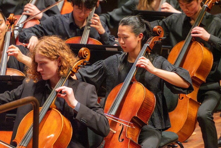 Seated members of the Melbourne Youth Orchestra playing cellos, all dressed in black.