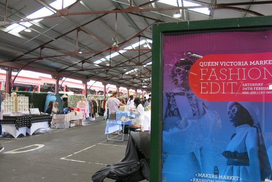 An view of an aisle at Queen Victoria Market, hosting an event as part of the Melbourne Fashion Festival.