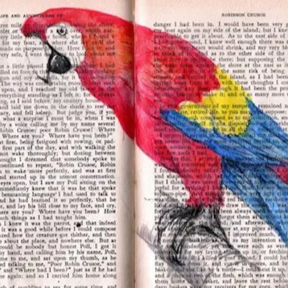 A vibrant color illustration of a red, blue, and yellow parrot superimposed over two open pages of a vintage book with printed English text.