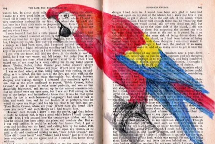 A vibrant color illustration of a red, blue, and yellow parrot superimposed over two open pages of a vintage book with printed English text.