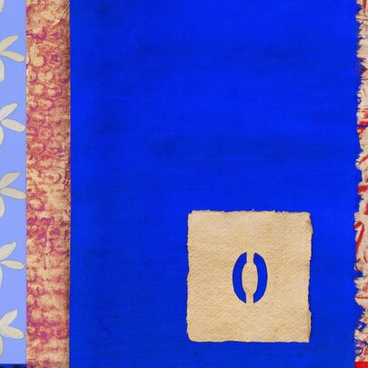 A abstract artwork in shades of cobalt blue, red, and cream.