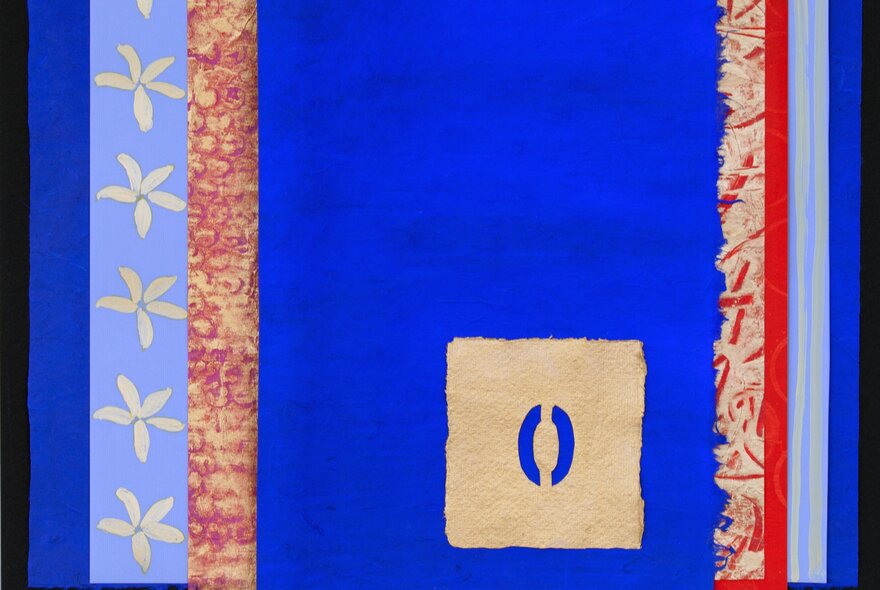A abstract artwork in shades of cobalt blue, red, and cream.