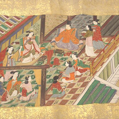 An ancient 17th century Japanese handscroll painting depicting figures in colourful kimonos gathered inside a traditional room with an open architectural view.