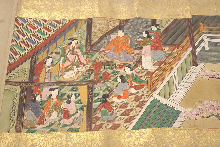 An ancient 17th century Japanese handscroll painting depicting figures in colourful kimonos gathered inside a traditional room with an open architectural view.