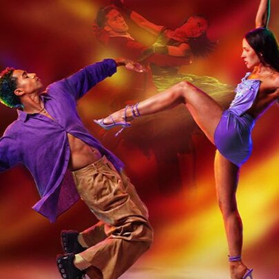 Two people dancing - the woman performing a high kick and knocking the man backwards against a background resembling fire. 