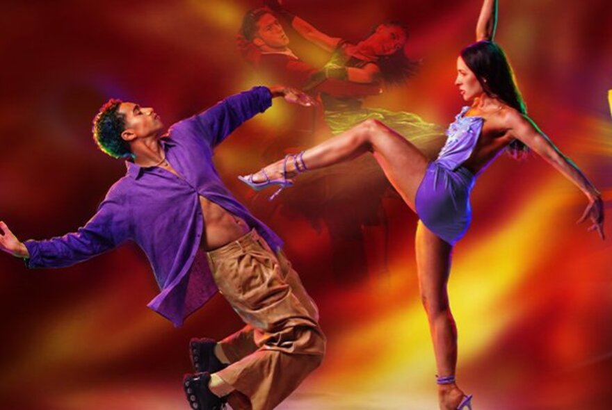Two people dancing - the woman performing a high kick and knocking the man backwards against a background resembling fire. 