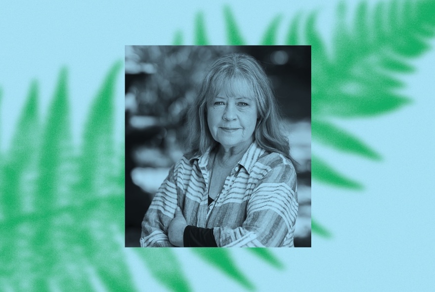 A black and white image of Noni Hazlehurst overlaid on an enlarged image of a fern leaf. 