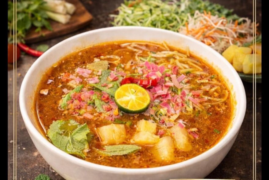 A bowl of vegan assam laksa with noodles, tofu and fresh herbs, garnished with a lime round in the centre.