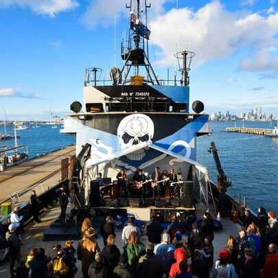 People on board the MV Steve Irwin ship docked at Docklands.