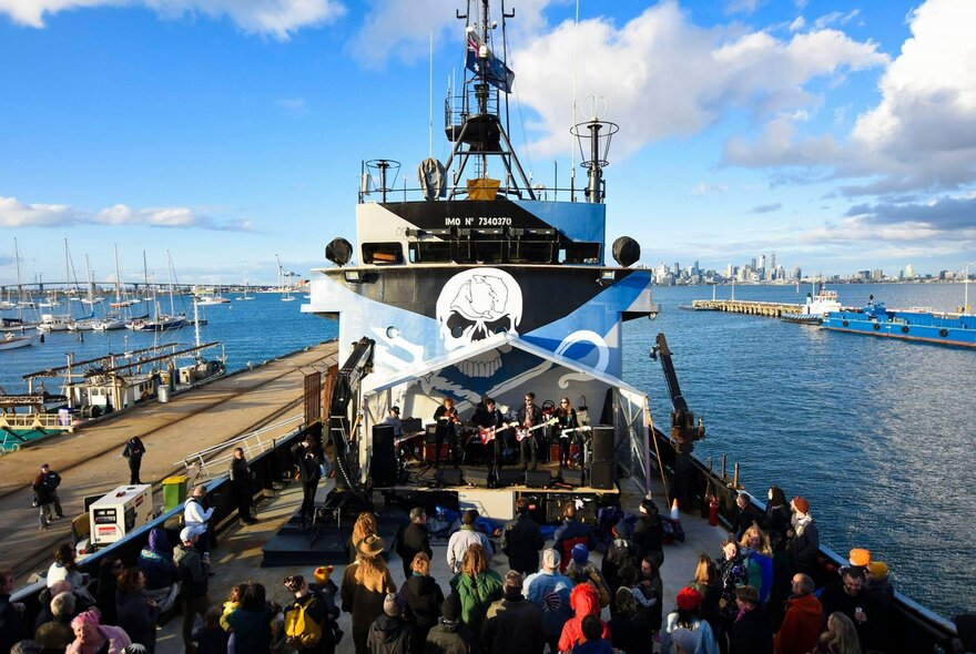 People on board the MV Steve Irwin ship docked at Docklands.