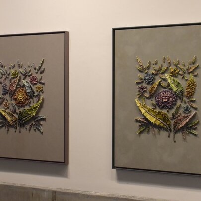 Two three-dimensional botanical sculptural paintings by artist Josh Davison hanging side-by-side on a pale coloured gallery wall.