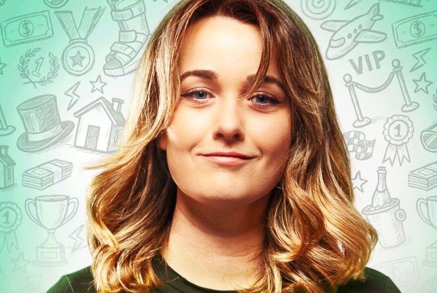 Portrait of comedian Lena Moon with long blond hair, in front of a fading green background with hand drawn illustrations.