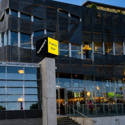 Transport Bar exterior at Fed Square with multilevel dining.