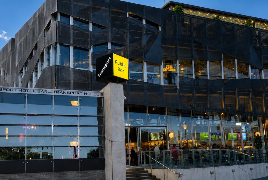 Transport Bar exterior at Fed Square with multilevel dining.