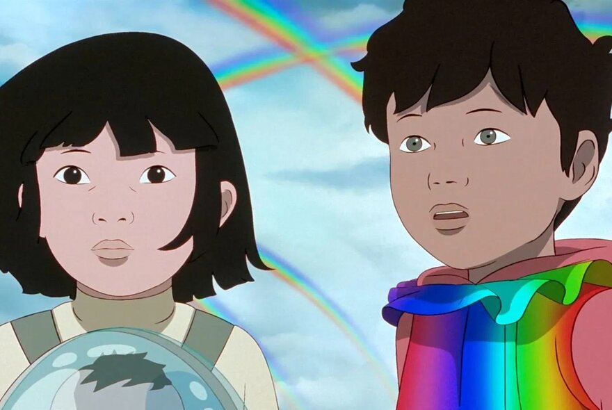Still from the animated film Arco, shows two children against a pale background with rainbow arcs in the background.