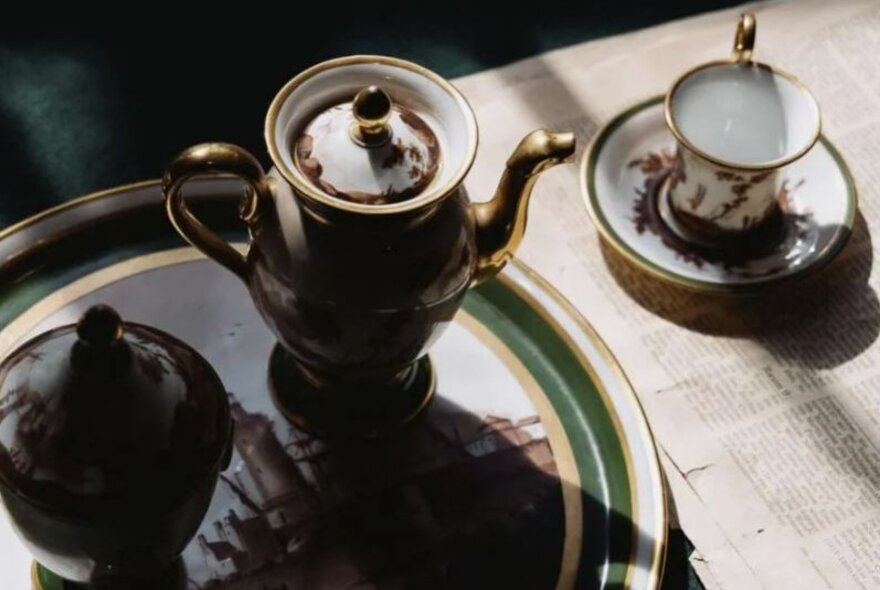 A delicate teacup, teapot, sugar pot and tray, resting on an old-fashioned newspaper.