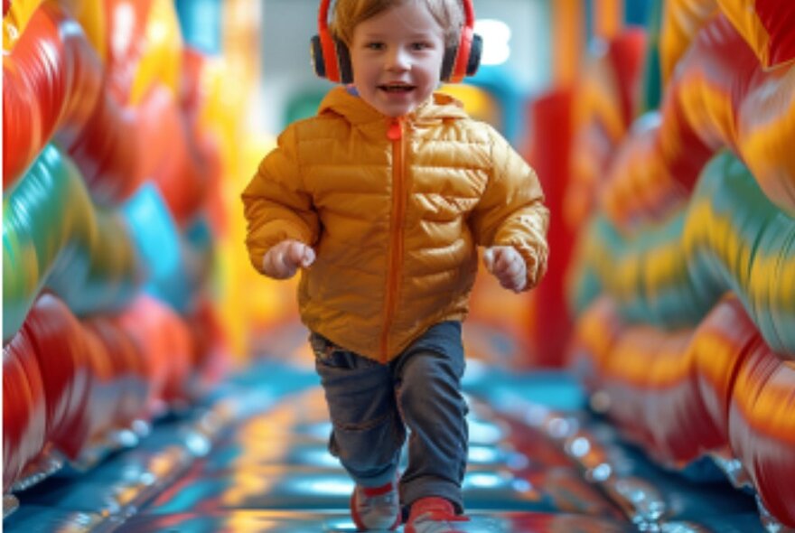 A small child in a yellow puffer jacket wearing a red headset runs gleefully down a corridor clad in rainbow padded material.