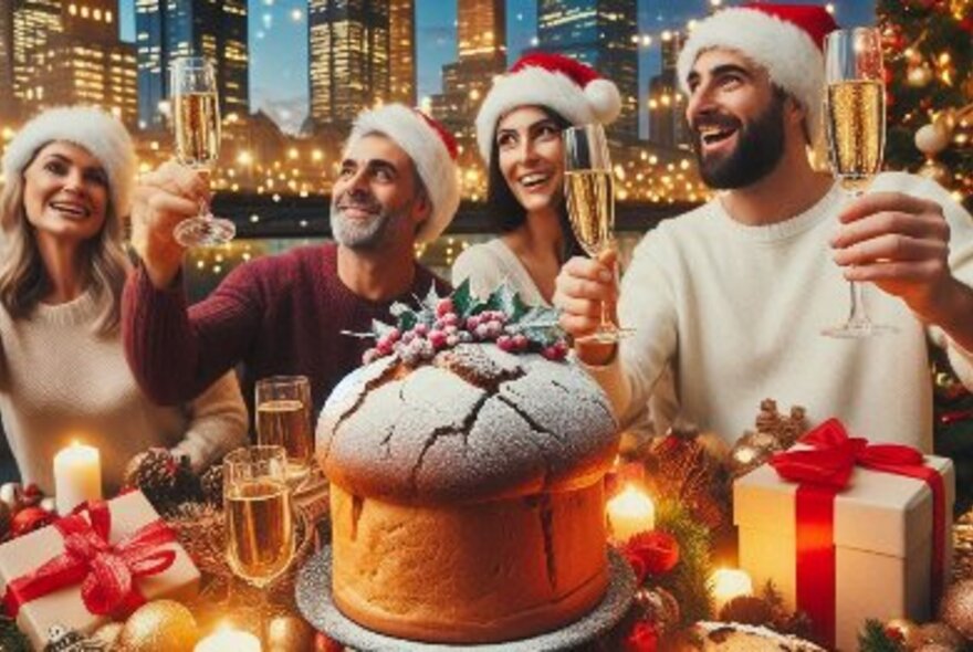 People wearing Santa hats seated at an outdoor table with city buildings twinkling in the background at dusk, glasses of champagne and panettone with presents on the table.