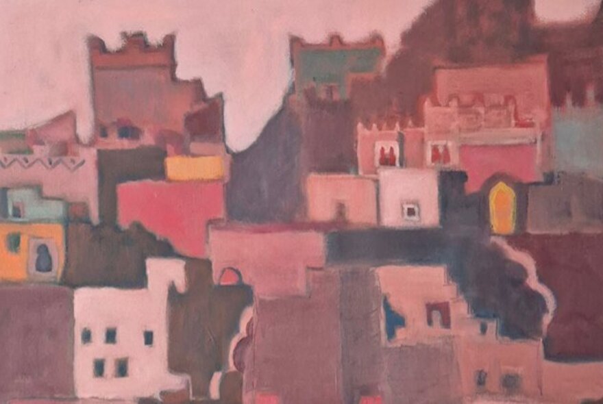 An abstract oil painting depicting a North African town or citadel rendered in a patchwork of geometric blocks and pastel tones.