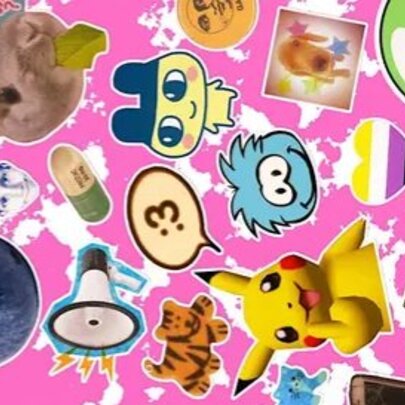 A collage featuring Picachu, a blueberry, capsule, megaphone and a rabbit, all on a pink background. 