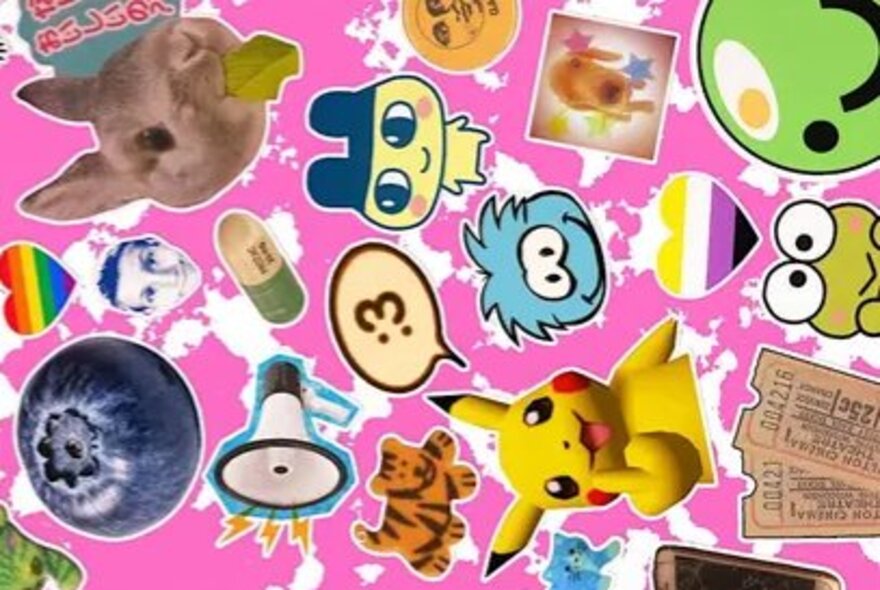A collage featuring Picachu, a blueberry, capsule, megaphone and a rabbit, all on a pink background. 