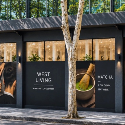 Advertising billboards outside a large premises showing West Living, with ceremonial matcha images and tree planted in the pavement. 