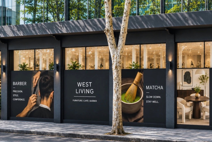 Advertising billboards outside a large premises showing West Living, with ceremonial matcha images and tree planted in the pavement. 