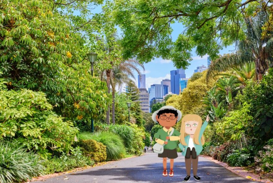 A cartoon drawing of two people, overlaid on an image of a garden with paved path and lush green trees.