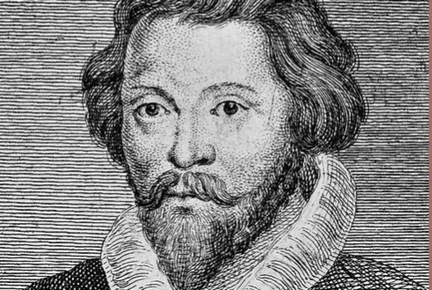 Woodcut of Elizabethan-era bearded man with ruffed collar.