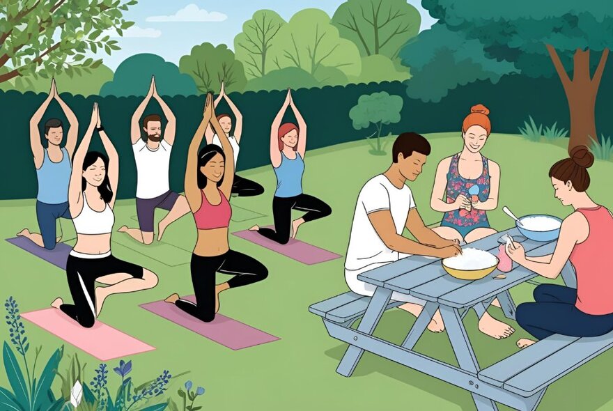 Cartoon artwork of people practising yoga on mats in a park setting with picnickers seated at a table and bench seats.