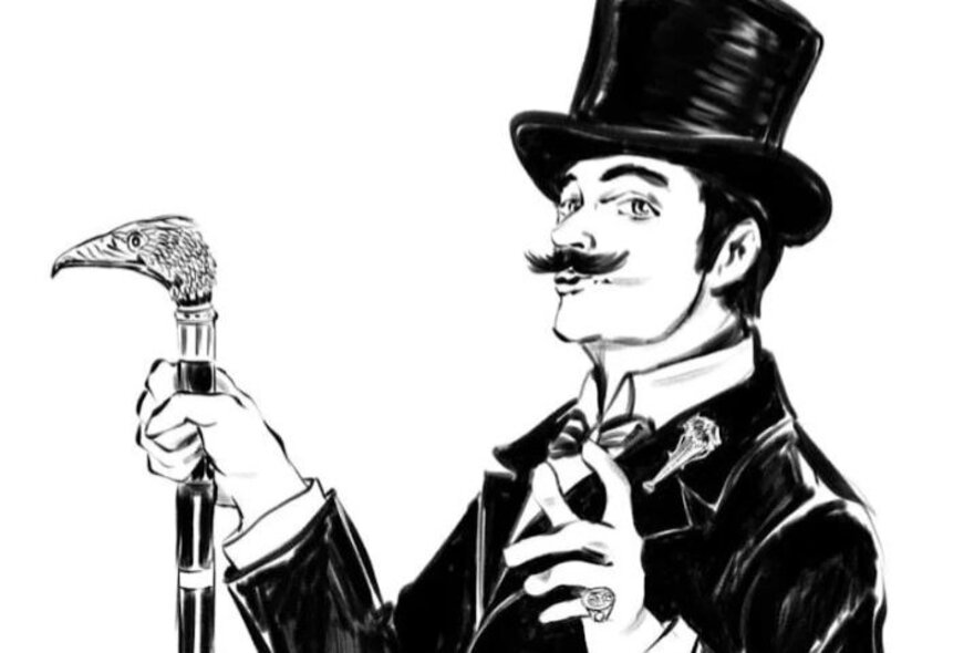 Artwork of a 19th-century man wearing a top hat and carrying a cane topped with the head of a bird.