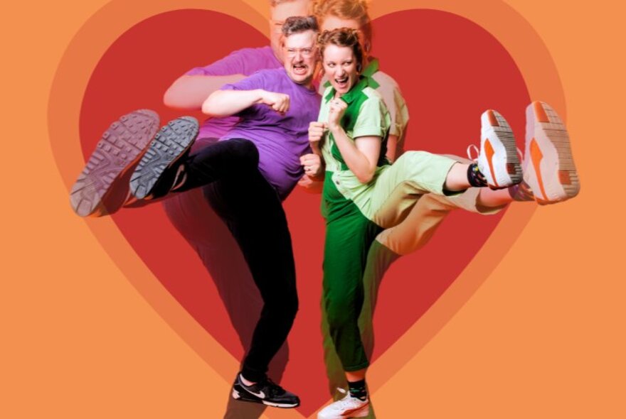 Two people in dynamic poses against a heart-shaped background.