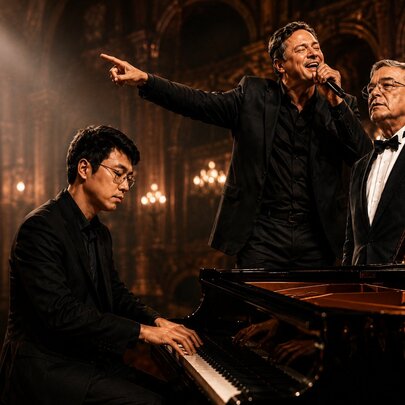 Pianist seated at the piano with candelabra, two male opera singers standing nearby.
