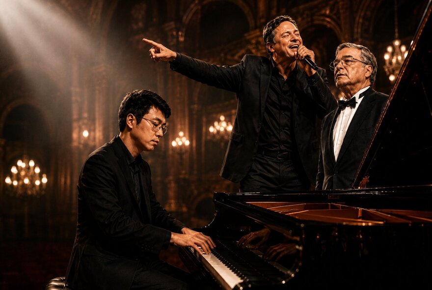 Pianist seated at the piano with candelabra, two male opera singers standing nearby.