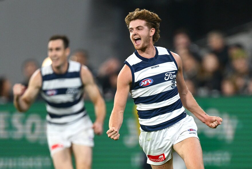 Geelong AFL football players on the field during a match.