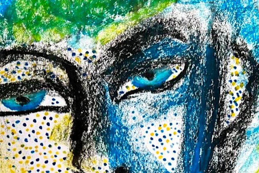 Detail of an artwork of a blue face with dotted details.