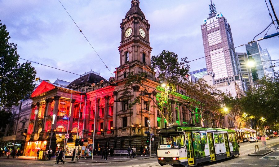 Melbourne Town Hall lit up for Melbourne International Comedy Festival. 