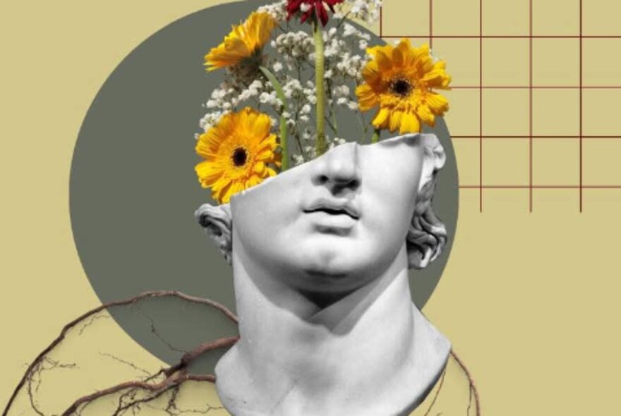 Composite art image of broken sculpture of head with flowers, roots and background graphics.