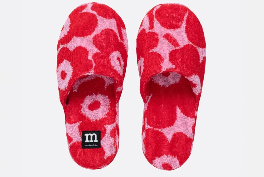 Pink and red floral slide on slippers.