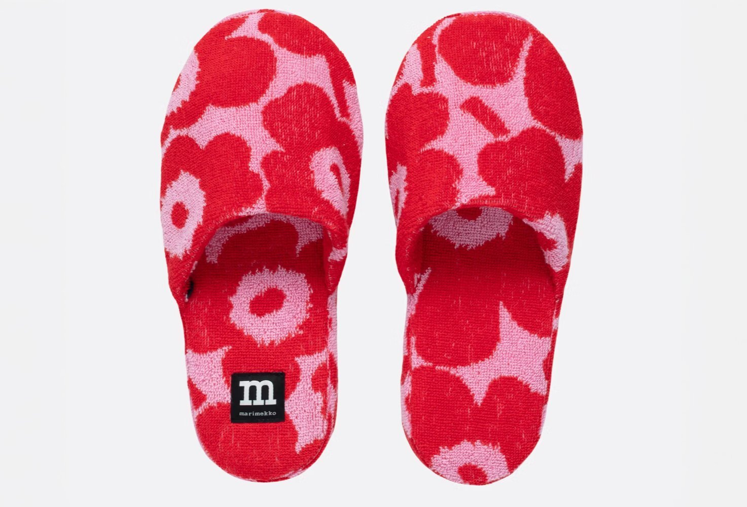 Pink and red floral slide on slippers.