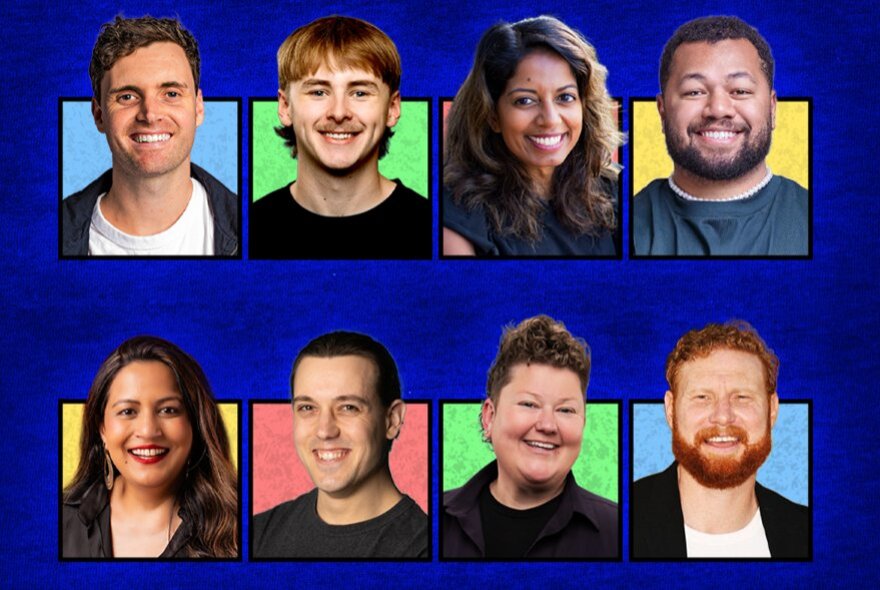 The faces of eight comics in two rows. 