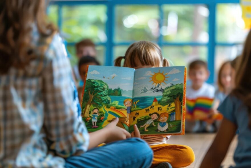 Children sitting cross legged on the floor while being read to by a person holding an open picture book.