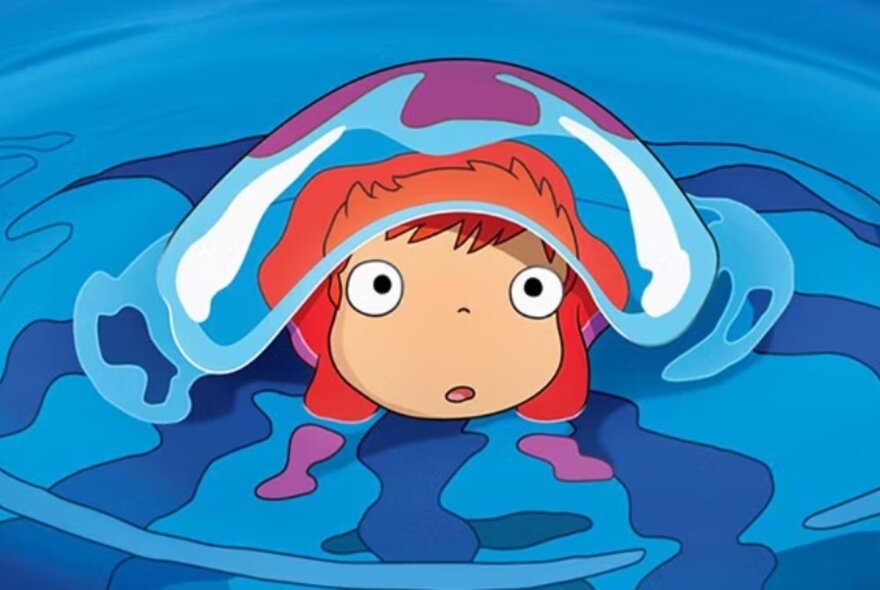 A Japanese cartoon person in water with a plastic bag on its head.