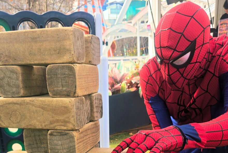 Spiderman next to a woodblock puzzle.