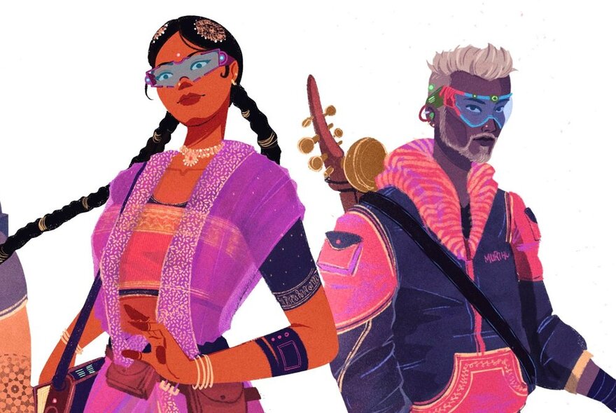 A cartoon depiction of an Indian woman wearing colourful traditional clothing and an Indian man wearing a futuristic outfit.